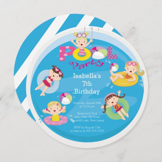かわいい子のプール誕生日パーティーの招待状 招待状 (正面/裏面)