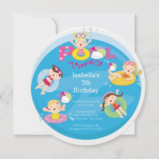 かわいい子のプール誕生日パーティーの招待状 招待状 (正面)