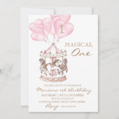 かわいい子の回転木馬ユニコーンガーリー1歳の誕生日 招待状 (正面)
