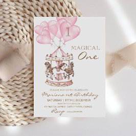 かわいい子の回転木馬ユニコーンガーリー1歳の誕生日 招待状