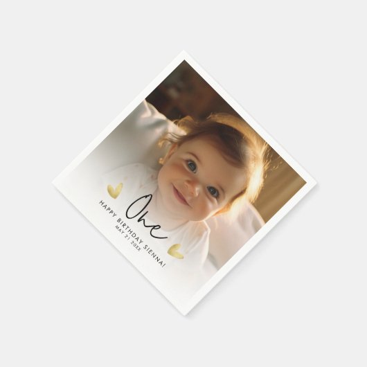 かわいい子の最初の誕生日パーティーのカスタム写真 スタンダードカクテルナプキン (角)