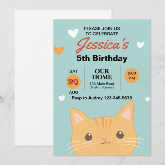 かわいい子カラフル猫の誕生会 招待状 (正面/裏面)