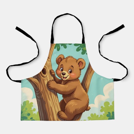 かわいい子グマが木に登る エプロン (正面)
