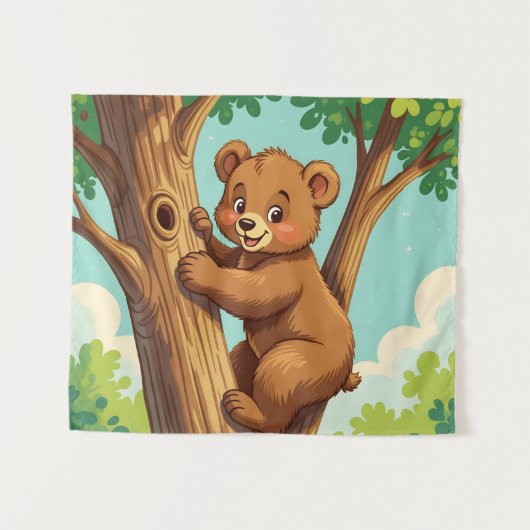 かわいい子グマが木に登る タペストリー (正面(横))