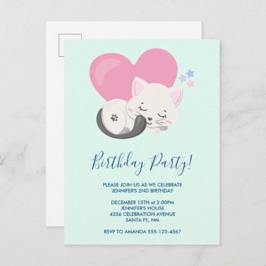 かわいい子ネコと大きなハート誕生日 インビテーションポストカード (正面/裏面)