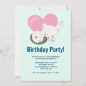 かわいい子ネコと大きなハート誕生日 招待状 (正面)