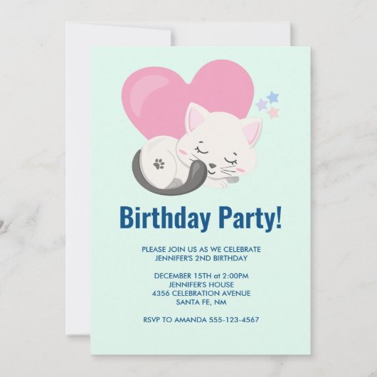 かわいい子ネコと大きなハート誕生日 招待状 (正面)
