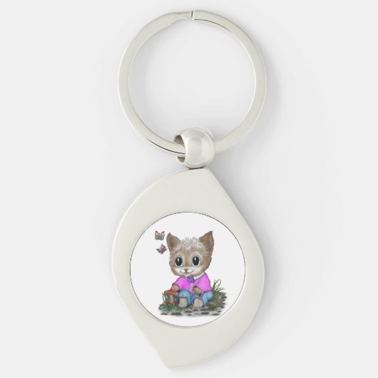かわいい子ネコと蝶 キーホルダー (正面)