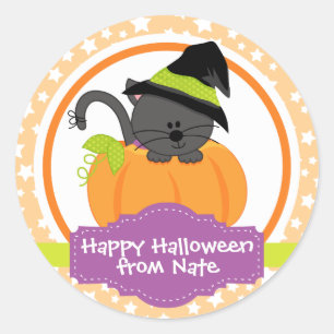 かわいい子ネコのハッピーハローウィンの子供へのパーソナライズ ラウンドシール