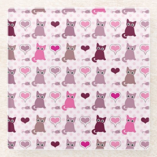 かわいい子ネコの女の子パターン ガラスコースター (正面)