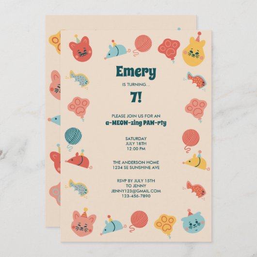 かわいい子ネコの子ども誕生会 招待状 (正面/裏面)