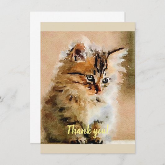 かわいい子ネコの水彩画の絵画 サンキューカード (正面/裏面)