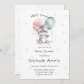 かわいい子ネコの風船ワイルドワン誕生日 招待状 (正面/裏面)