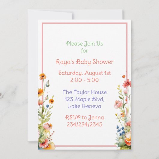 かわいい子ネコをテーマにした少女の赤ちゃんシャワー 招待状 (裏面)