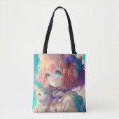 かわいい子ネコを持つ美しいアニメの少女 トートバッグ (正面)