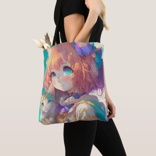 かわいい子ネコを持つ美しいアニメの少女 トートバッグ (クローズアップ)