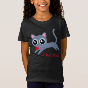 かわいい子ネコ女の子へのハートプレゼントを盗む Tシャツ
