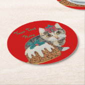 かわいい子ネコ灰色の虎猫のポーズクリスマス ラウンドペーパーコースター (アングル)