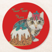 かわいい子ネコ灰色の虎猫のポーズクリスマス ラウンドペーパーコースター (正面)