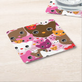 かわいい子ネコ猫の背景パターン スクエアペーパーコースター (アングル)