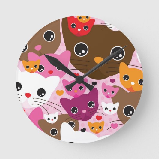 かわいい子ネコ猫の背景パターン ラウンド壁時計 (正面)