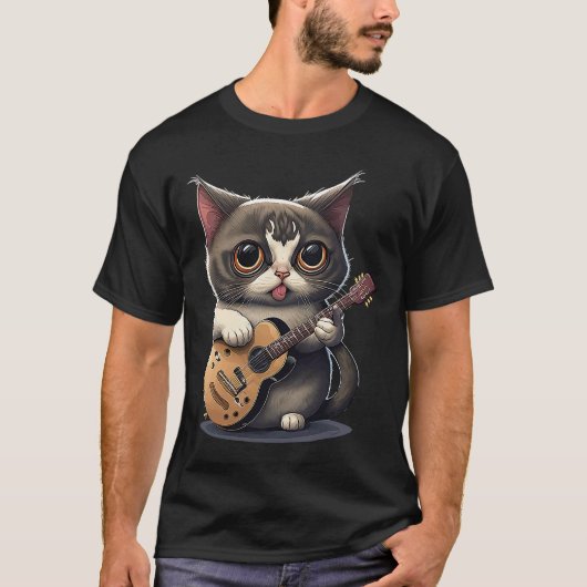かわいい子ネコ遊ネコのギター Tシャツ (正面)