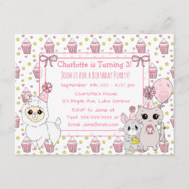 かわいい子ネコ、ラマ、ネズミの女の子の誕生日 ポストカード