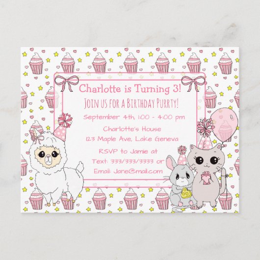 かわいい子ネコ、ラマ、ネズミの女の子の誕生日 ポストカード (正面)