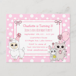 かわいい子ネコ、ラマ、ネズミの女の子の誕生日 ポストカード