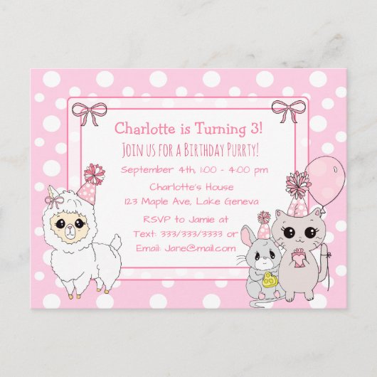 かわいい子ネコ、ラマ、ネズミの女の子の誕生日 ポストカード (正面)