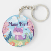 かわいい子パーソナライズされたネコ名パープルキャット キーホルダー (裏面)