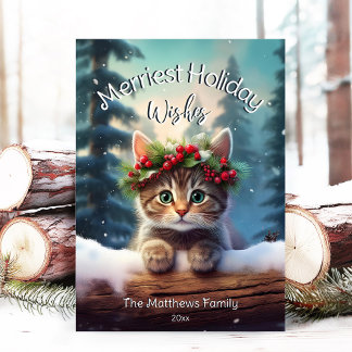 かわいい子メリー猫のクリスマス雪の森 シーズンカード