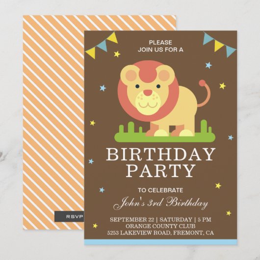 かわいい子ライオンの子供の誕生日パーティーの招待状 招待状 (正面/裏面)