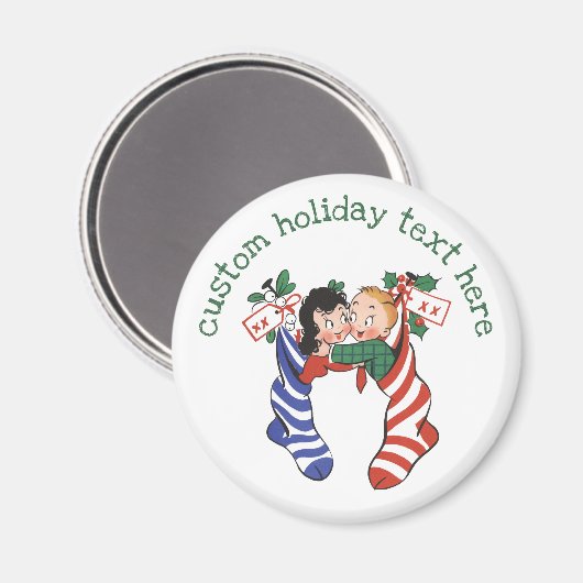 かわいい子供が付いているヴィンテージのクリスマスのストッキング マグネット (正面/裏面)