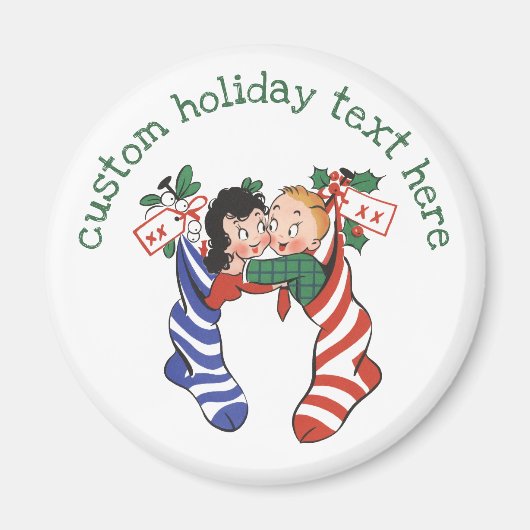 かわいい子供が付いているヴィンテージのクリスマスのストッキング マグネット (正面)