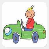かわいい子供が緑の車を運転する子供向けイラスト スクエアシール (正面)
