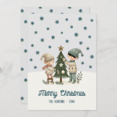 かわいい子供たちがクリスマスツリーを飾るイラスト シーズンカード (正面/裏面)