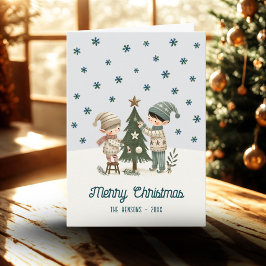 かわいい子供たちがクリスマスツリーを飾るイラスト シーズンカード