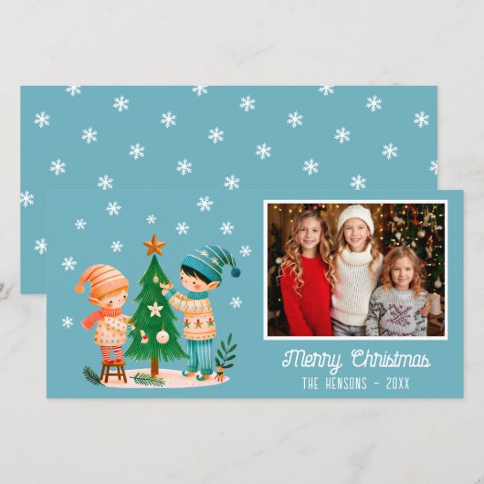 かわいい子供たちがクリスマスツリーを飾る写真 シーズンカード (正面/裏面)