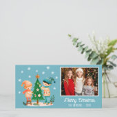 かわいい子供たちがクリスマスツリーを飾る写真 シーズンカード (スタンド正面)