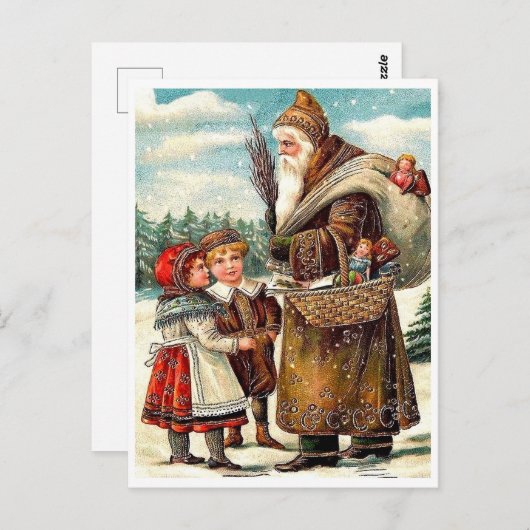 かわいい子供たちがプレゼントを持ってサンタクロースに会う、ヴィンテージ ポストカード (正面/裏面)