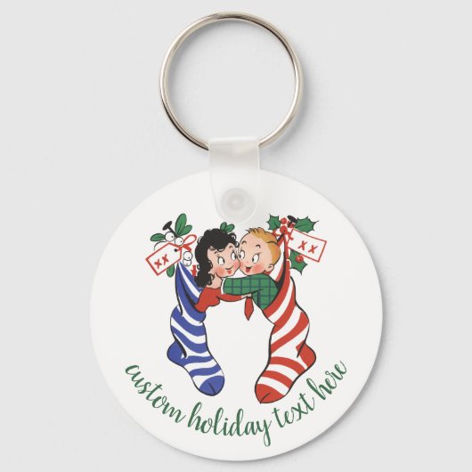 かわいい子供たちとヴィンテージクリスマスストッキング キーホルダー (正面)