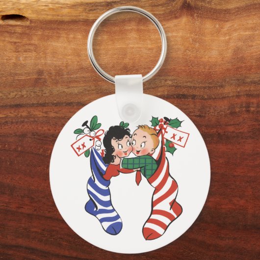 かわいい子供たちとヴィンテージクリスマスストッキング キーホルダー (裏面)