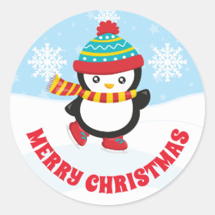 かわいい子供たちのスケートをするペンギン メリークリスマス ラウンドシール