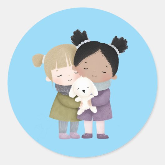 かわいい子供たちのハグステッカー ラウンドシール (正面)