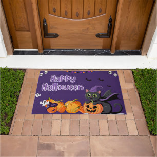 かわいい子供たちのハロウィン 黒猫 ドアマット