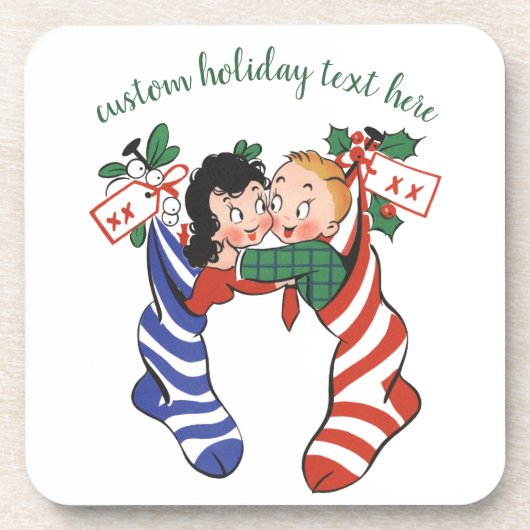 かわいい子供たちのビンテージ クリスマス ソックス コースター (正面)