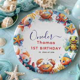 かわいい子供たちの水彩海の中1歳の誕生日 ペーパープレート