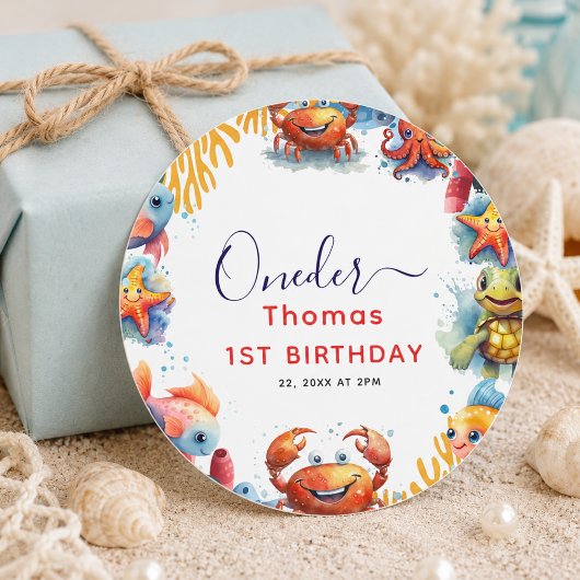 かわいい子供たちの水彩海の中1歳の誕生日 ラウンドシール