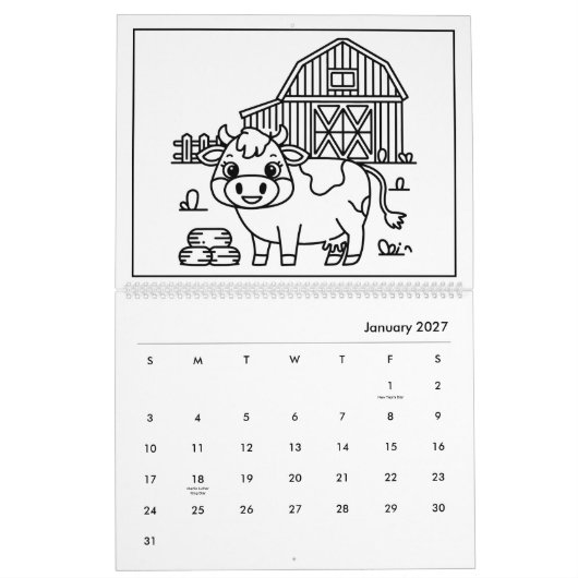 かわいい子供たちの牧場ぬりえカレンダー カレンダー (1月 2027)